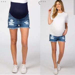 Pinkblush Light Wash Distressed Raw Hem Full Panel Maternity Denim Jean Shorts